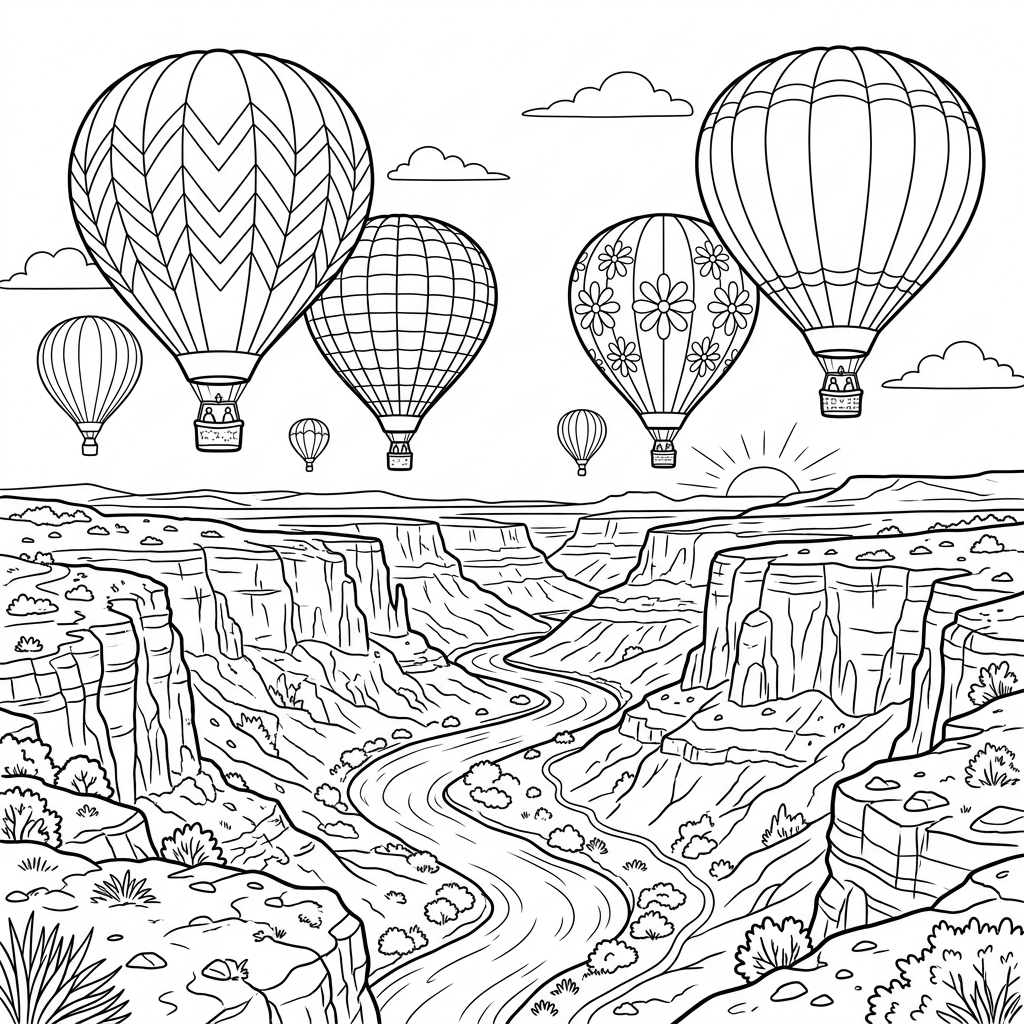 Hot Air Balloons Floating over Canyon Coloring Page