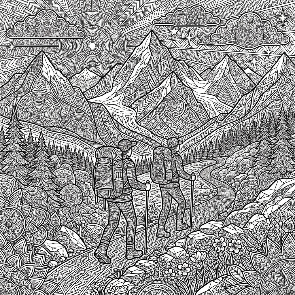 Intricate Mountain Backpacking Scene Coloring Page