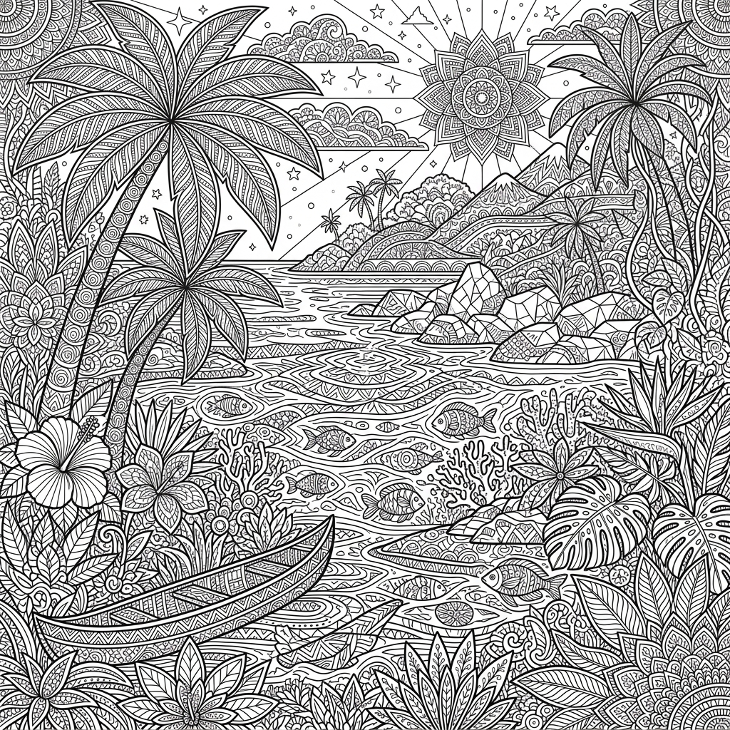 Intricate Tropical Lagoon Paradise Coloring Page