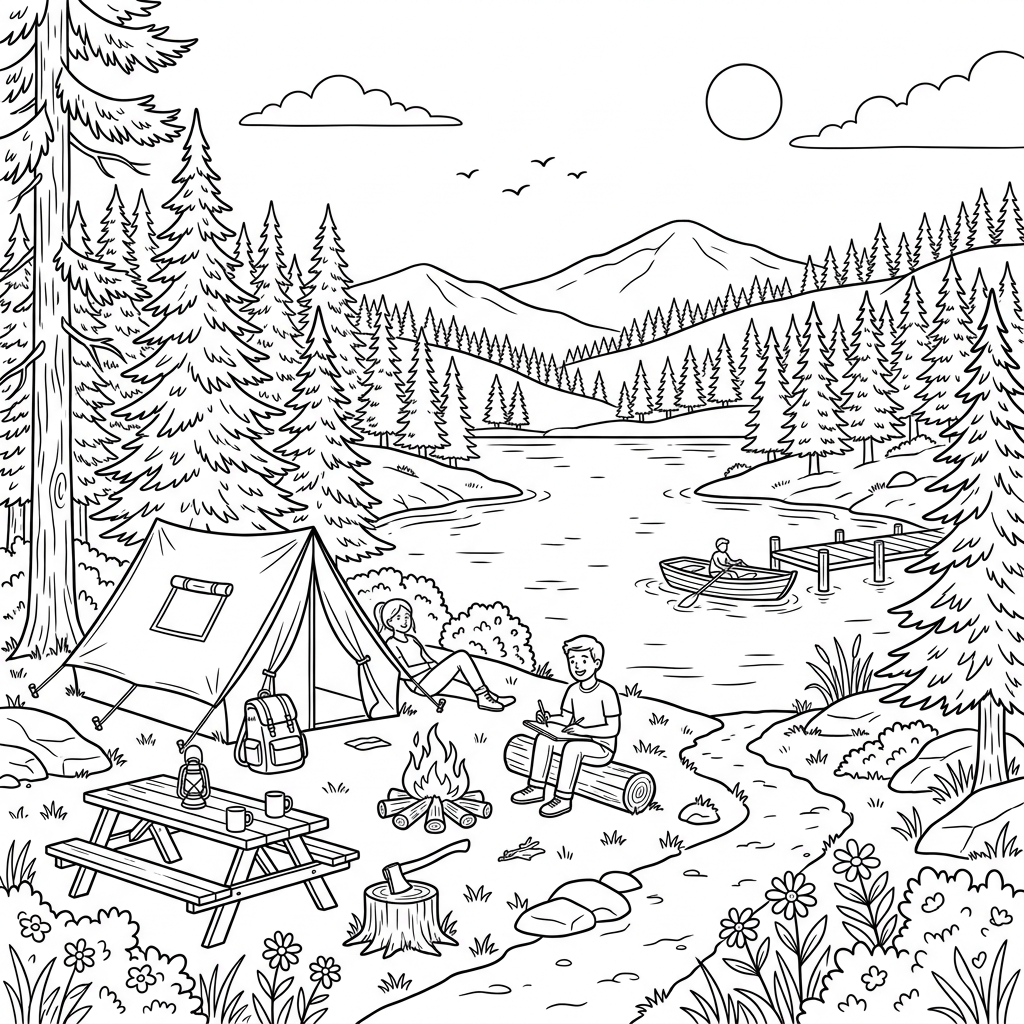 Lake Campsite surrounded by Pine Trees Coloring Page