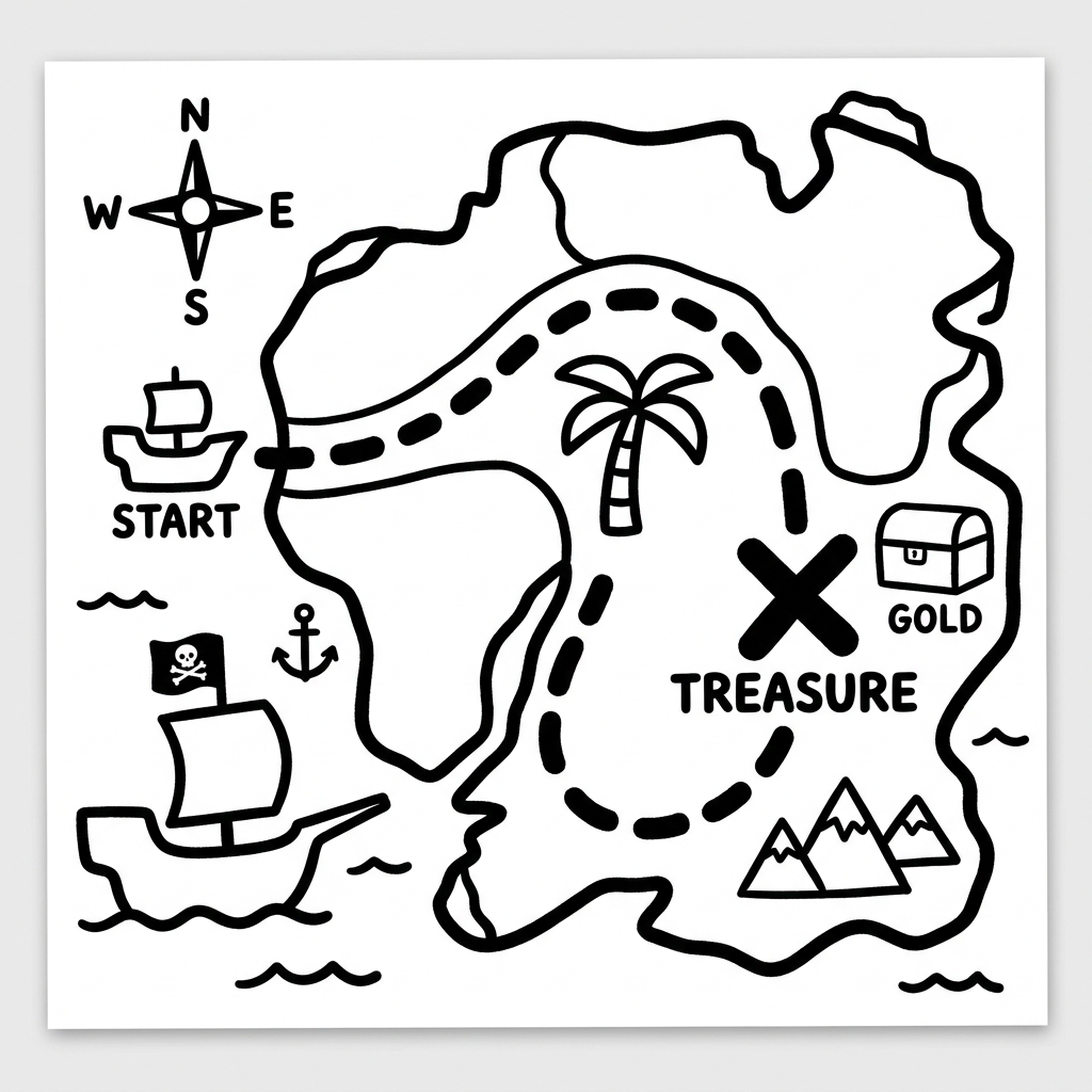 Simple Pirate Treasure Map Coloring Page