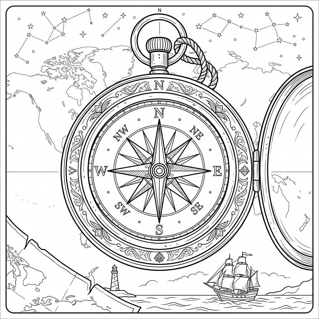 Vintage Nautical Brass Compass Coloring Page
