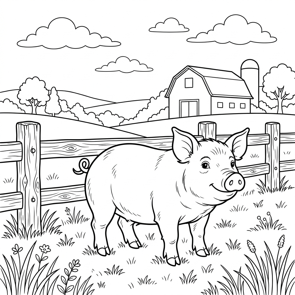 Farmyard Pig Scene Coloring Page