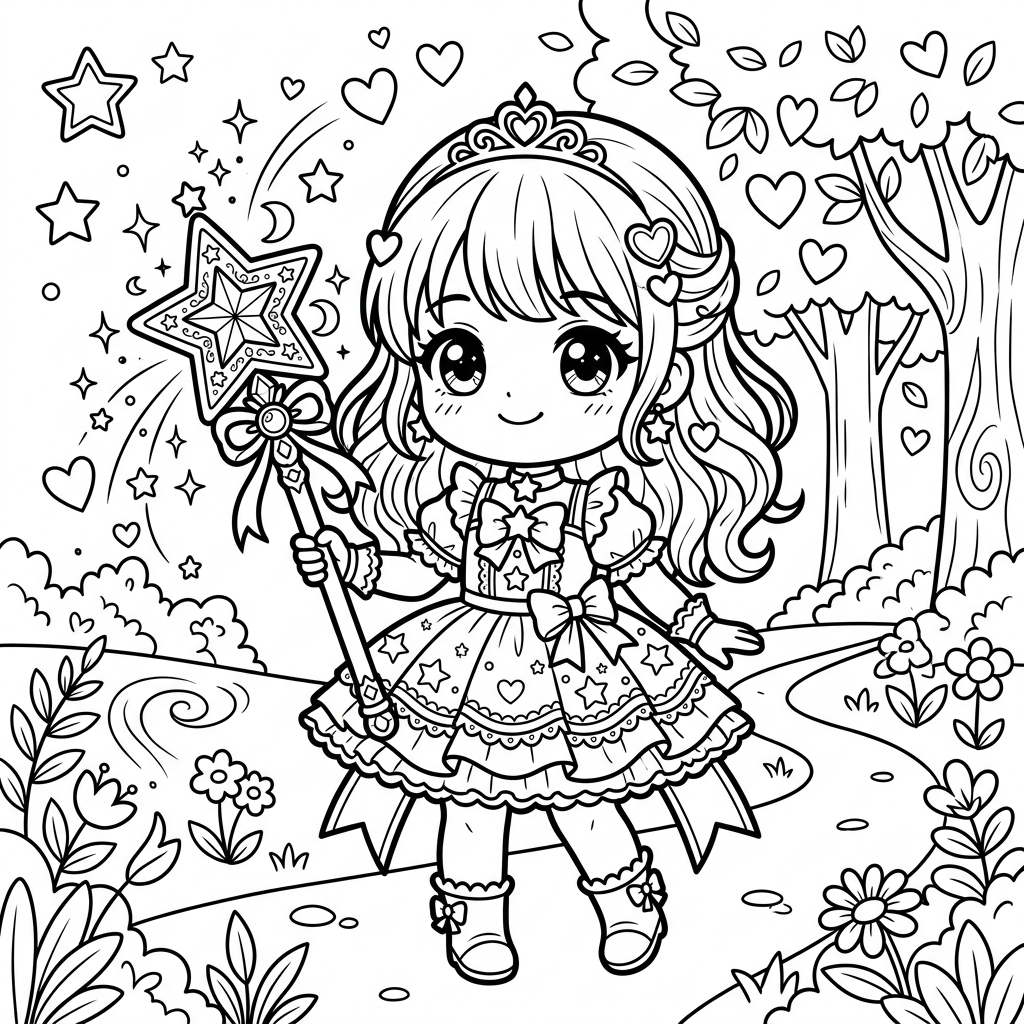 Chibi Magical Girl holding Staff Coloring Page
