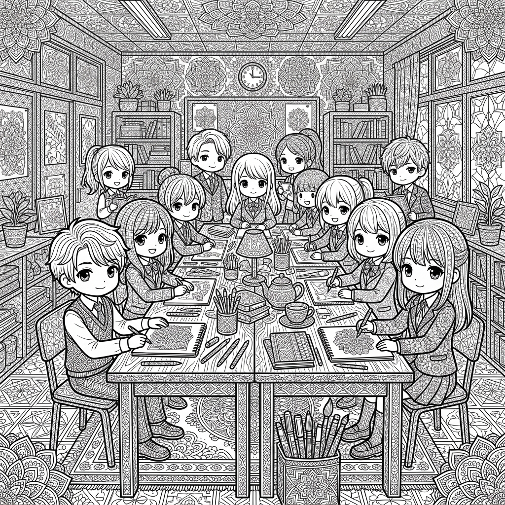 Kawaii Chibi School Club Gathering Coloring Page