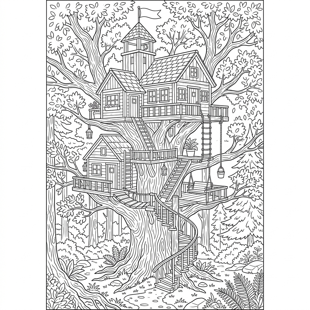Forest Canopy Multi-Level Treehouse Coloring Page