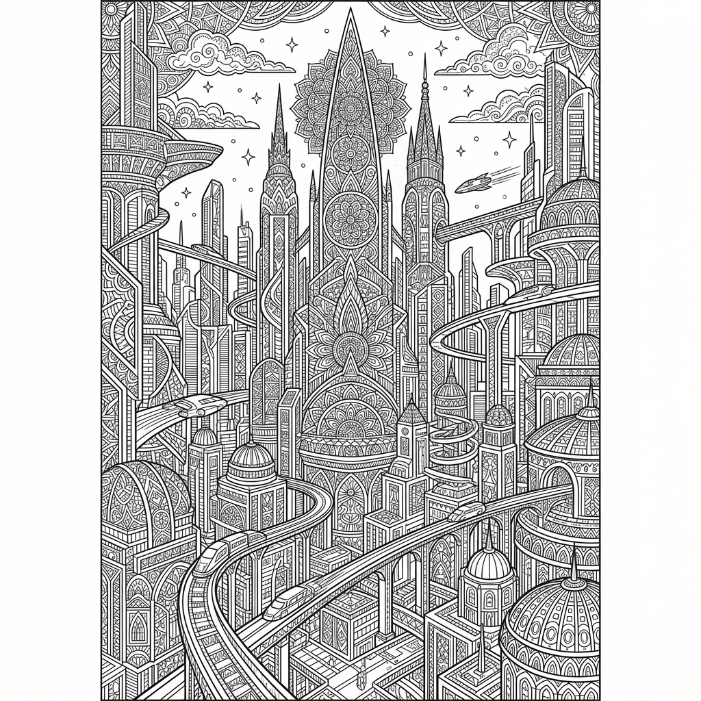 Intricate Futuristic Metropolis Coloring Page