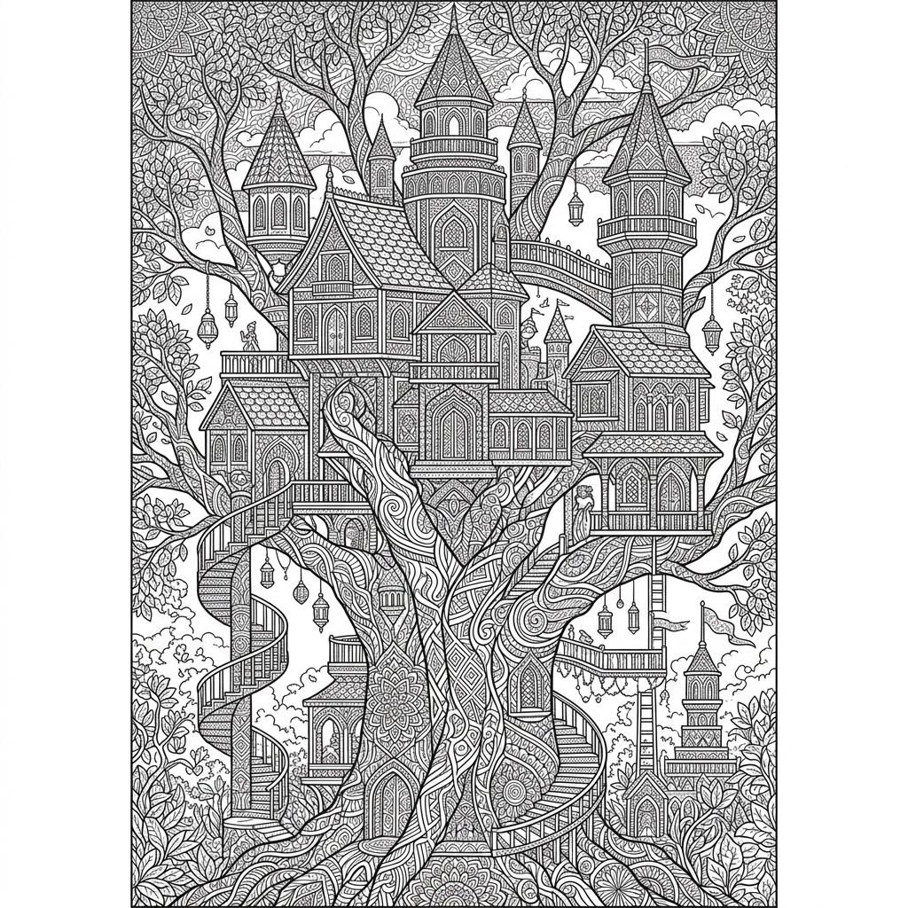 Intricate Multi-Level Treehouse Palace Coloring Page