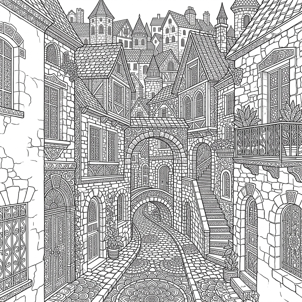 Intricate Stone Village Street Coloring Page