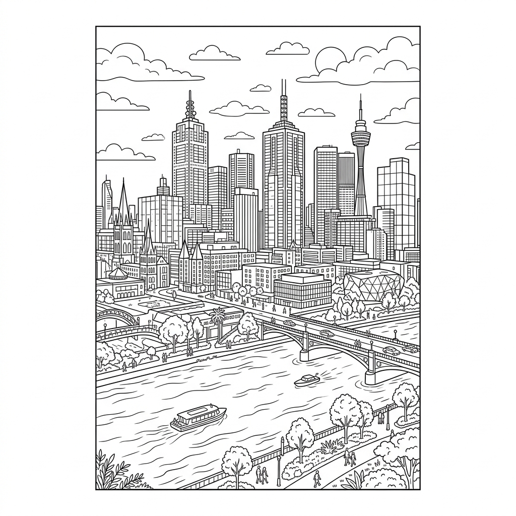 Modern City Skyline and River Coloring Page
