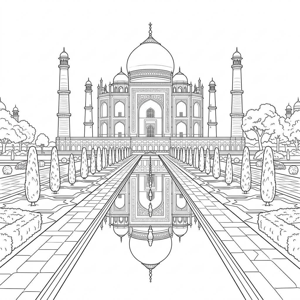 Taj Mahal and Reflection Pool Coloring Page