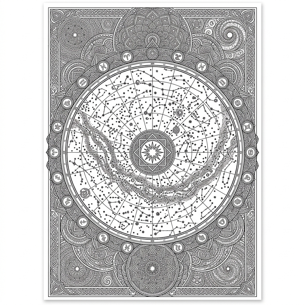 Detailed Northern Hemisphere Celestial Star Map Coloring Page
