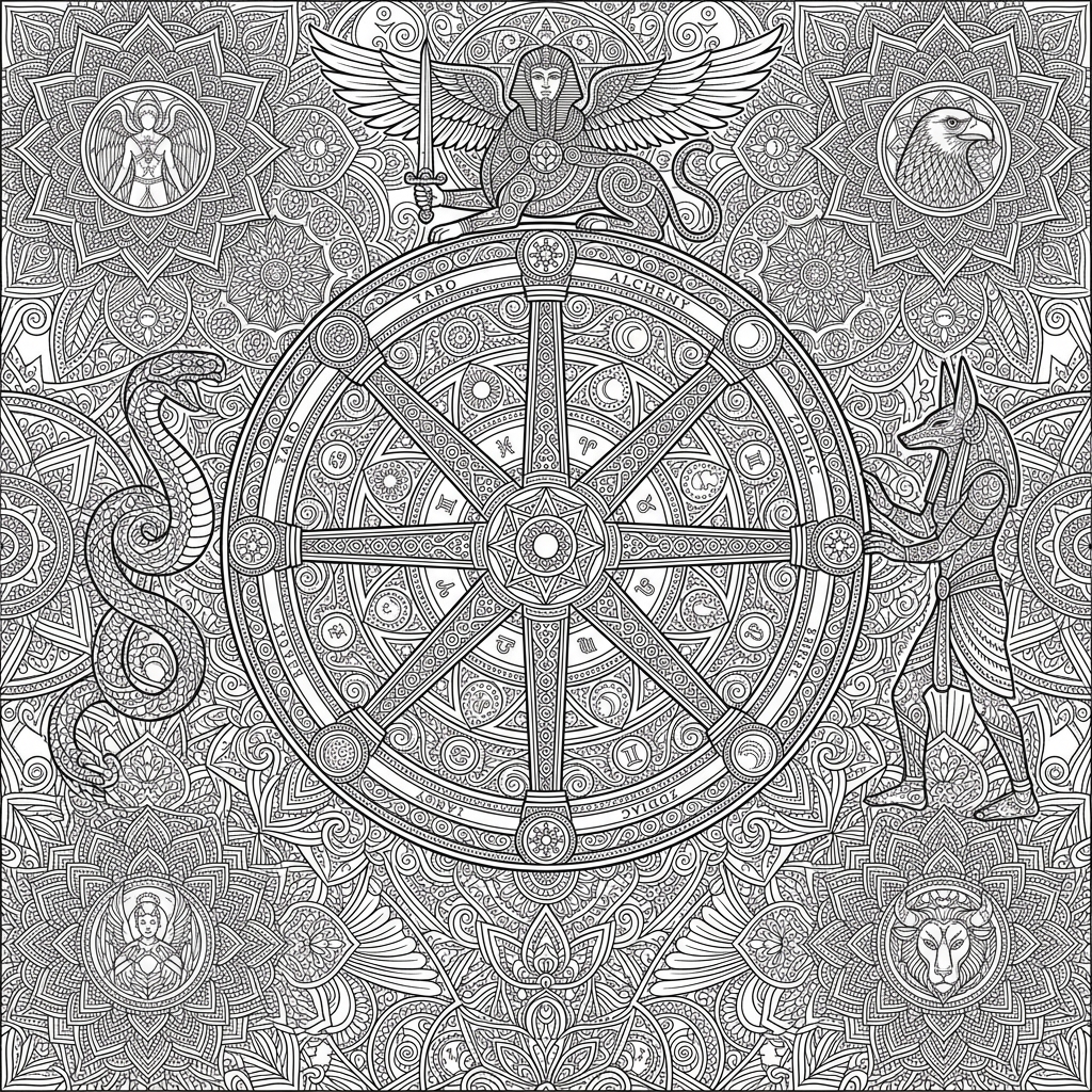 Intricate Wheel of Fortune Tarot Card Coloring Page