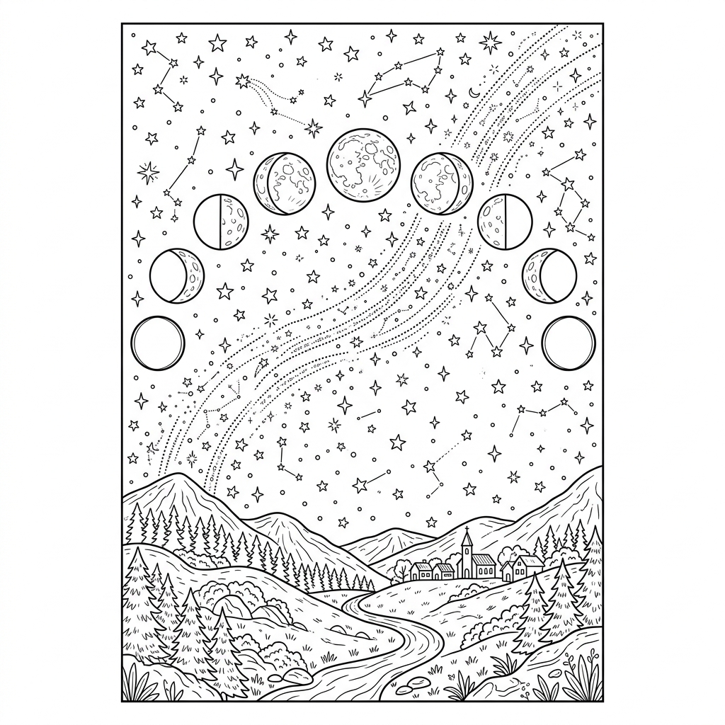 Lunar Cycle across Starry Night Sky Coloring Page