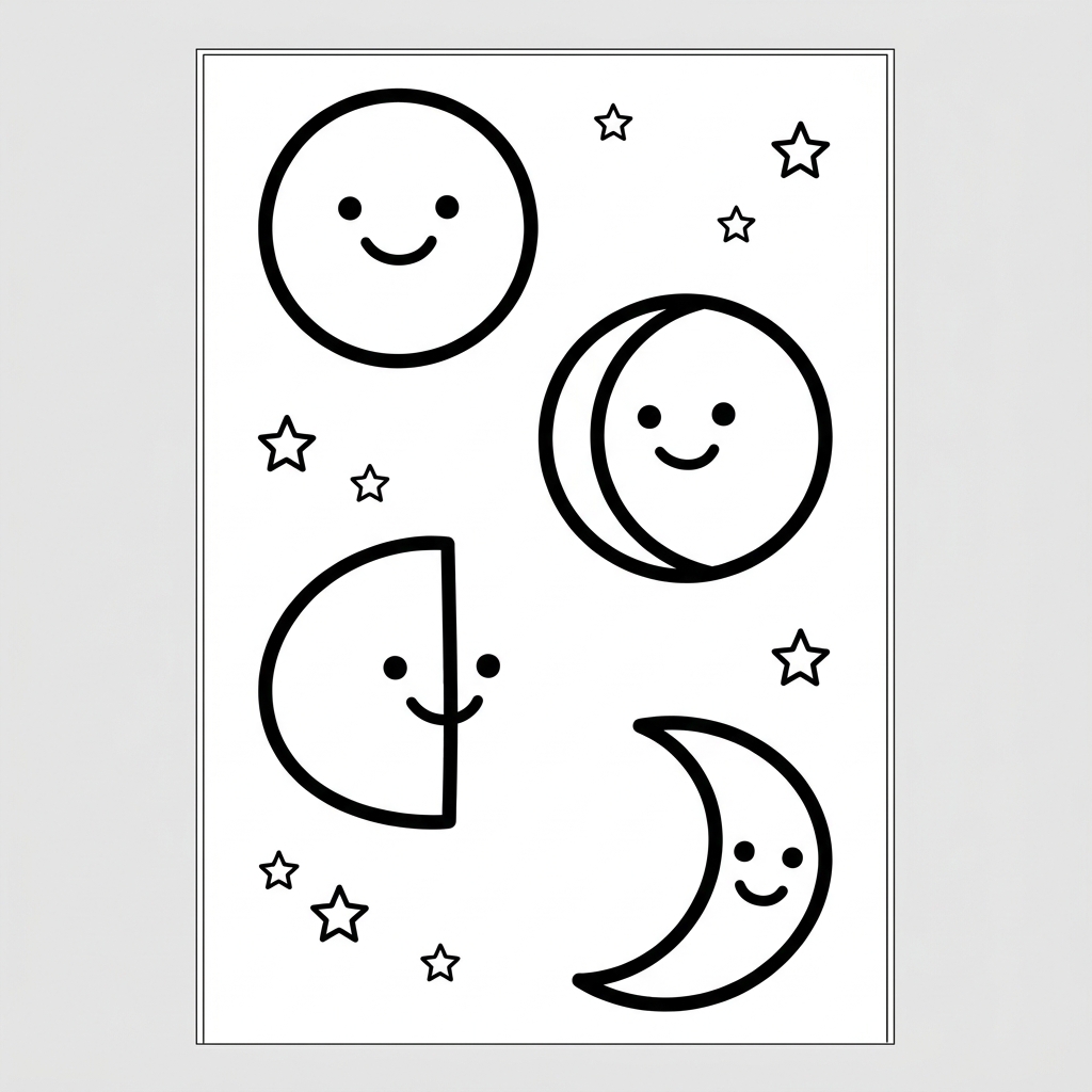 Smiling Moon Phases Cartoon Coloring Page