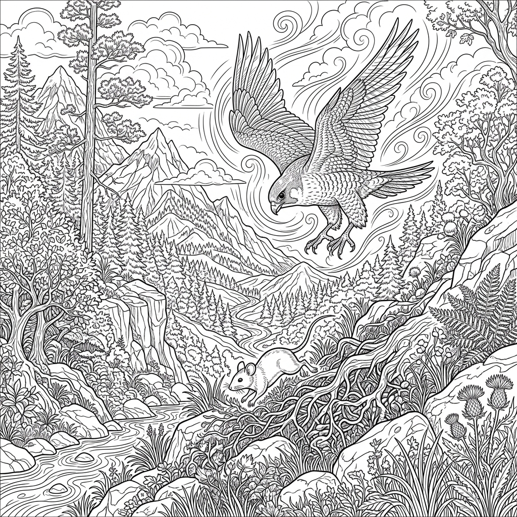 Detailed Raptor Hunting Landscape Coloring Page