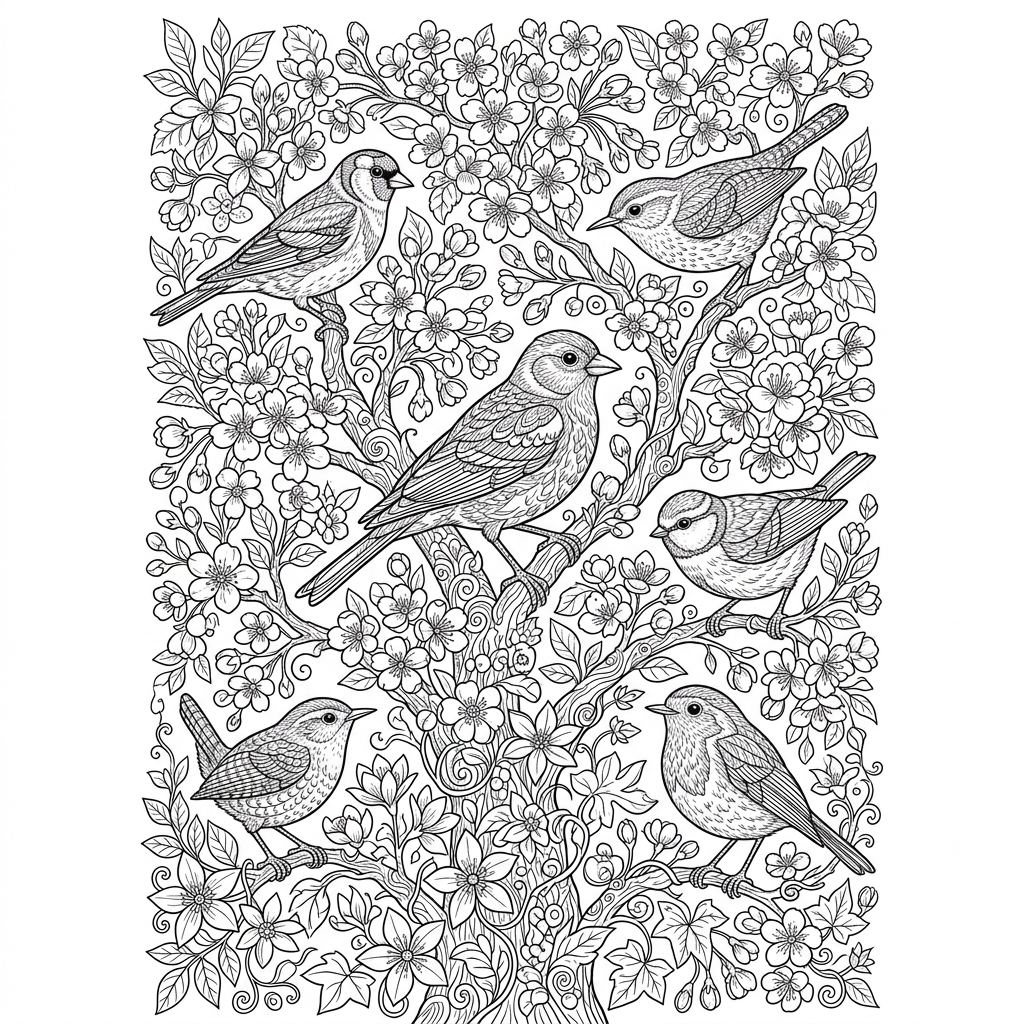 Intricate Garden Songbirds Tree Coloring Page