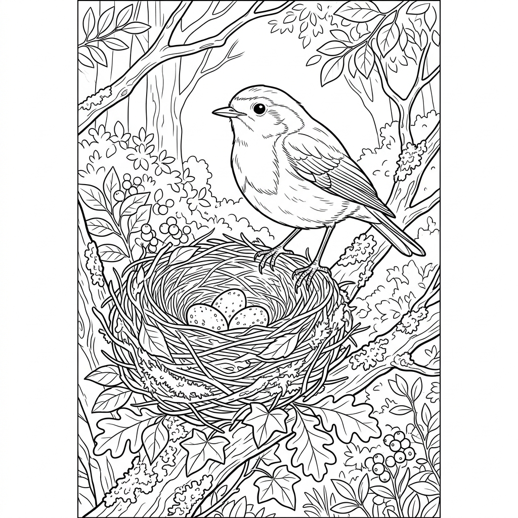 Robin guarding Nest with Eggs Coloring Page