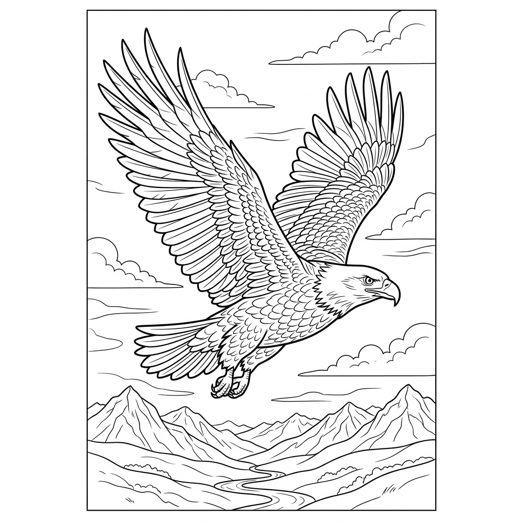 Soaring Bald Eagle in Sky Coloring Page