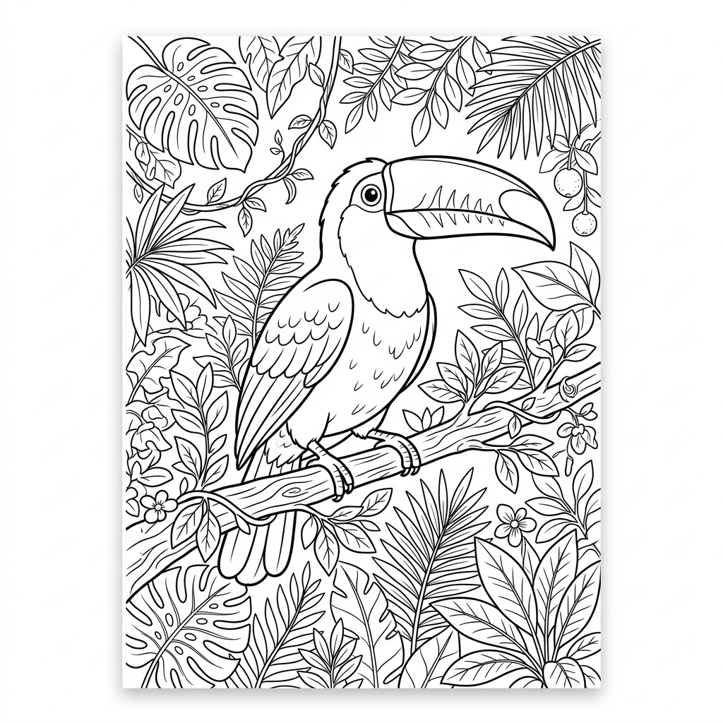 Toucan Sitting in Jungle Leaves Coloring Page