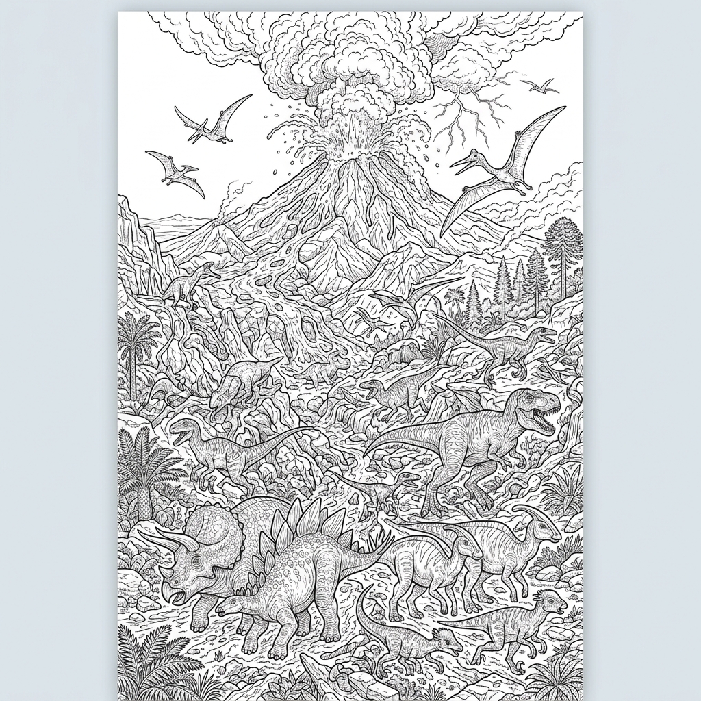 Detailed Dino Volcano Eruption Coloring Page