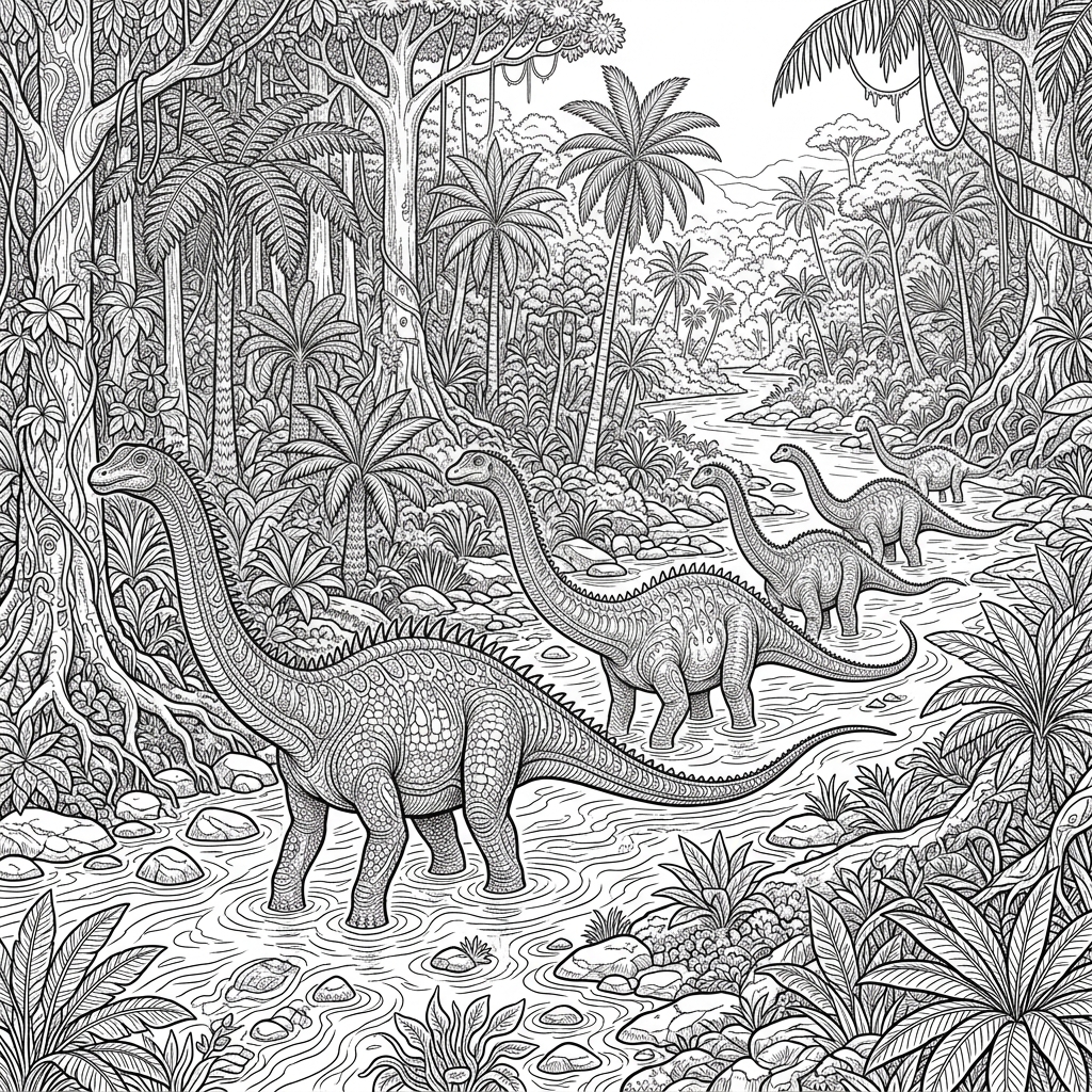 Intricate Diplodocus Herd Coloring Page
