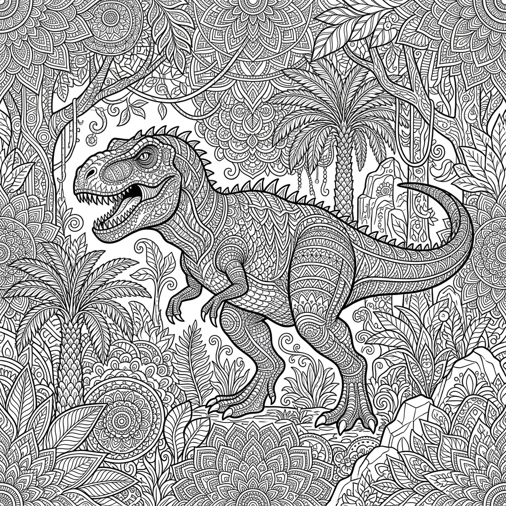 Prehistoric T-Rex Jungle Mandala Coloring Page