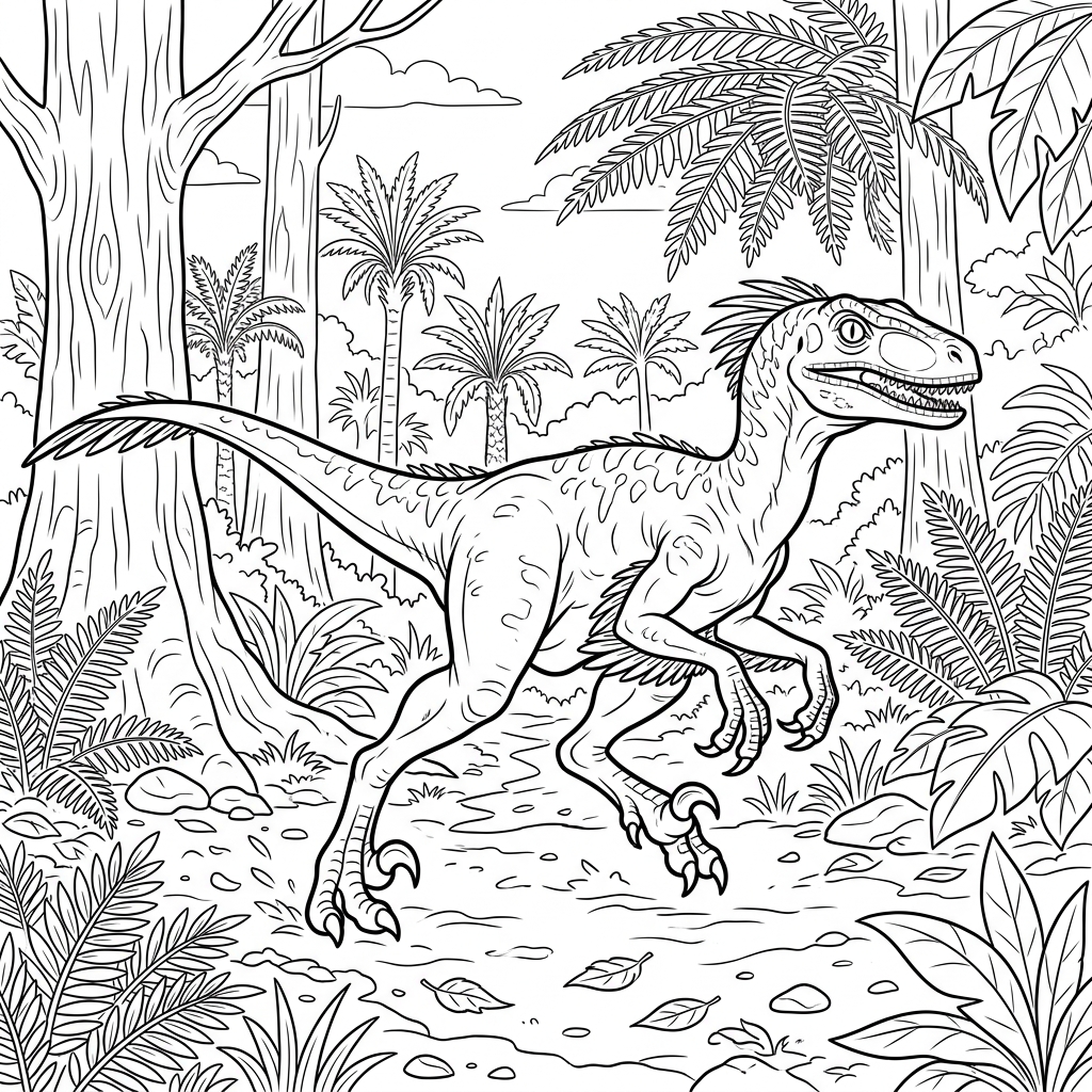 Velociraptor Running in Prehistoric Forest Coloring Page