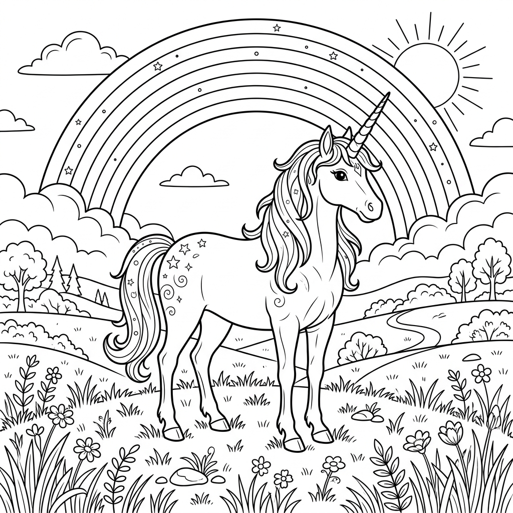 Unicorn Under Rainbow Coloring Page