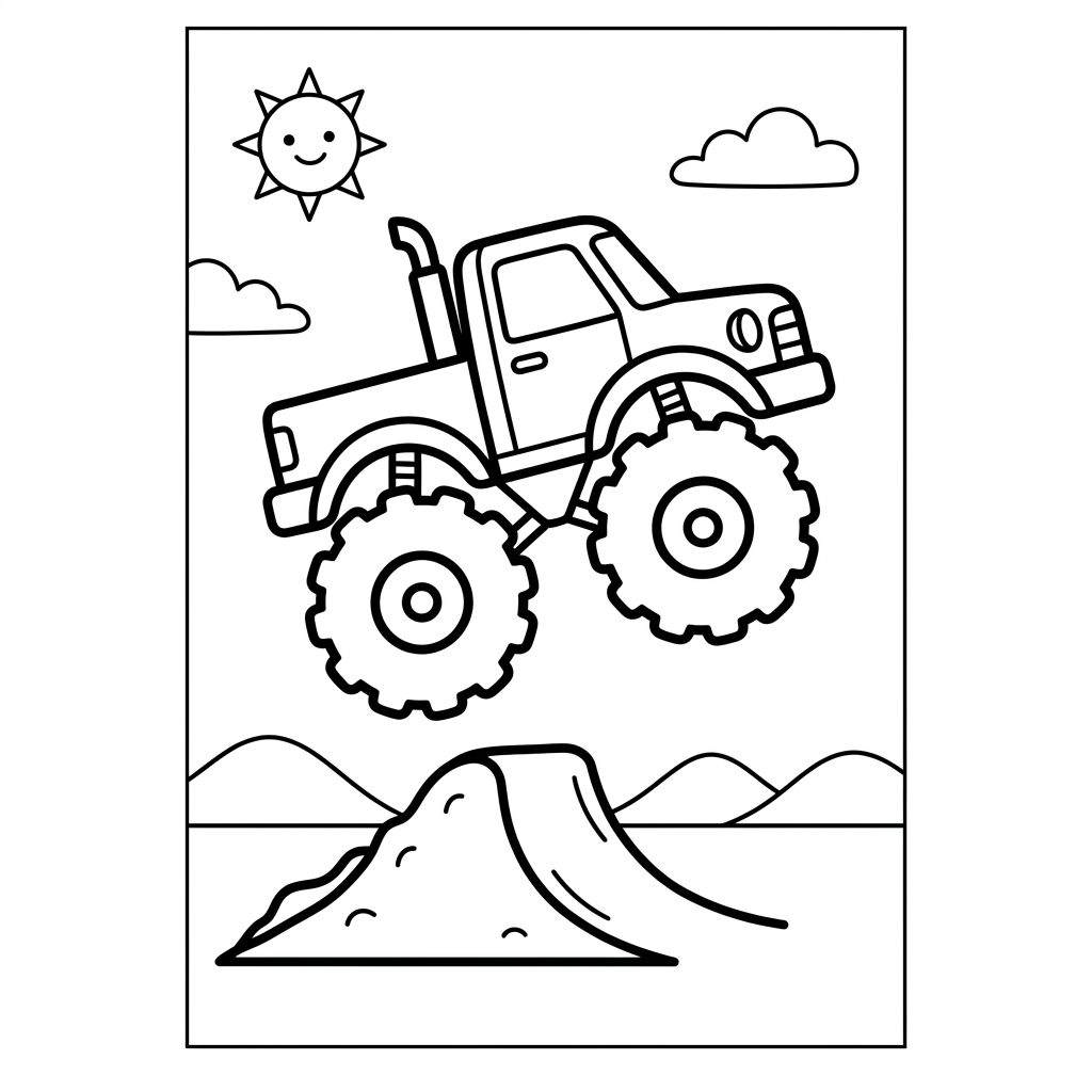 Easy Monster Truck Jumping Coloring Page Preview Drawing