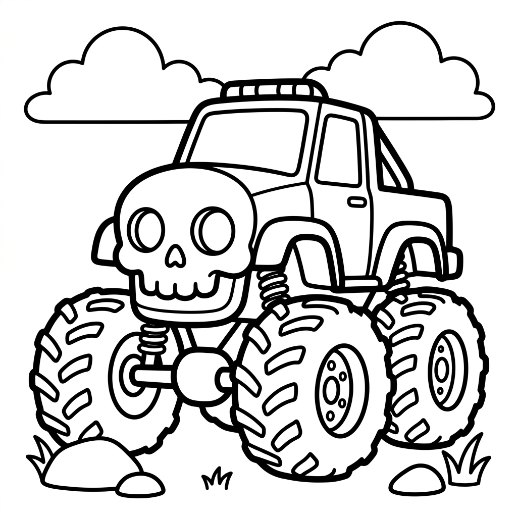 Easy Skull Theme Monster Truck Coloring Page Preview Drawing