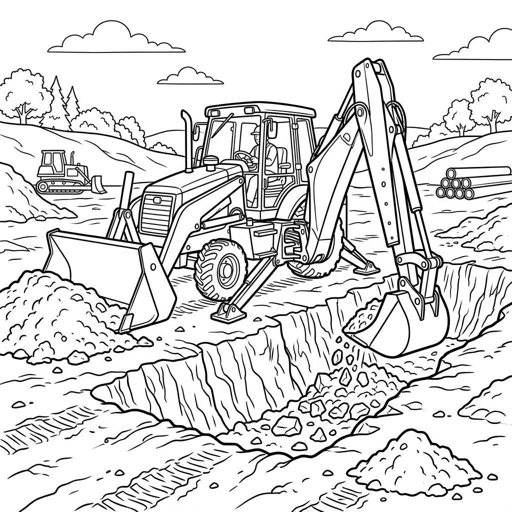 Backhoe Loader Digging Ditch Coloring Page Preview Drawing