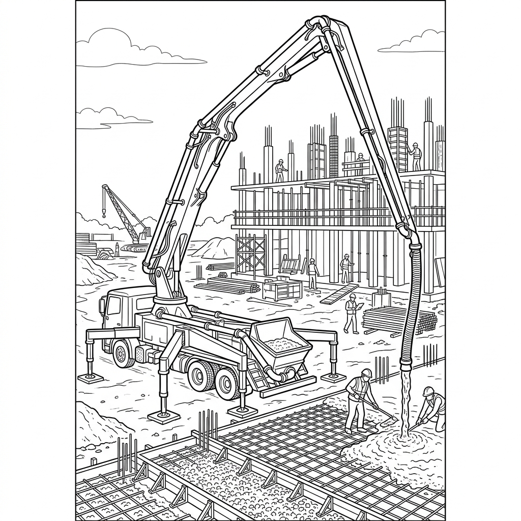 Concrete Boom Pump Truck Coloring Page Preview Drawing