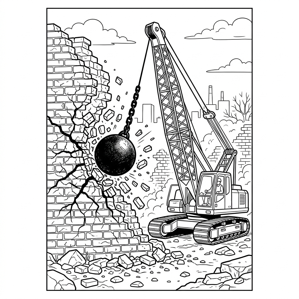 Demolition Crane with Wrecking Ball Coloring Page Preview Drawing