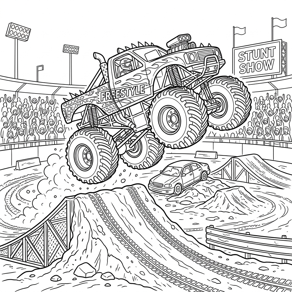 Freestyle Monster Truck Show Coloring Page Preview Drawing