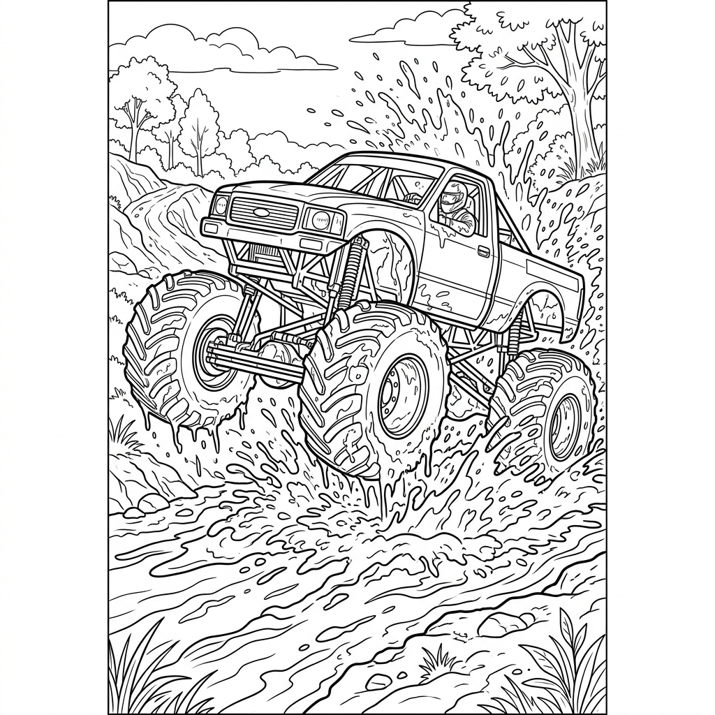 Mud Racing Monster Truck Splashing Coloring Page Preview Drawing