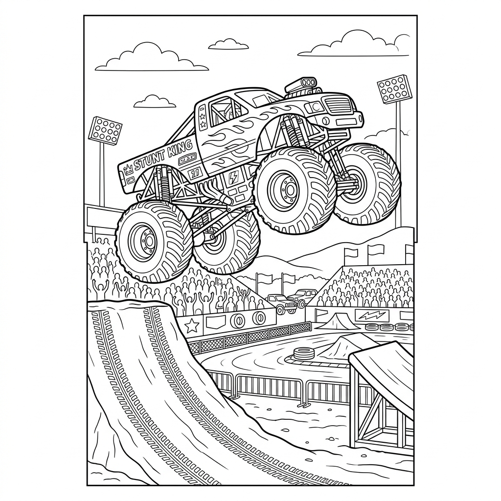 Stunt Monster Truck Arena Jump Coloring Page Preview Drawing